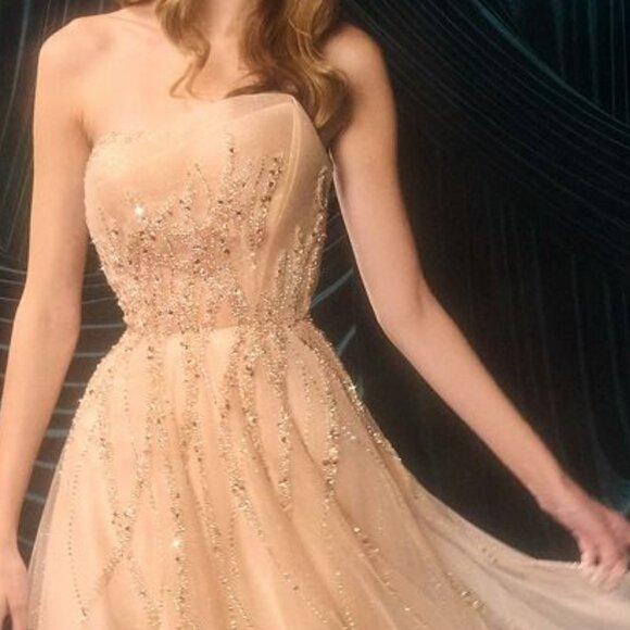 New Champagne Strapless Beads Embellished A-Line Gown w/ Beaded Bodice CD A1491 - Picture 9 of 10